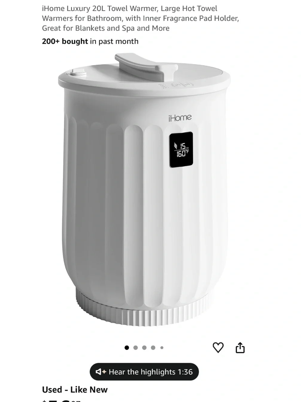 iHome White Luxury 20L Towel Warmer with Digital Display